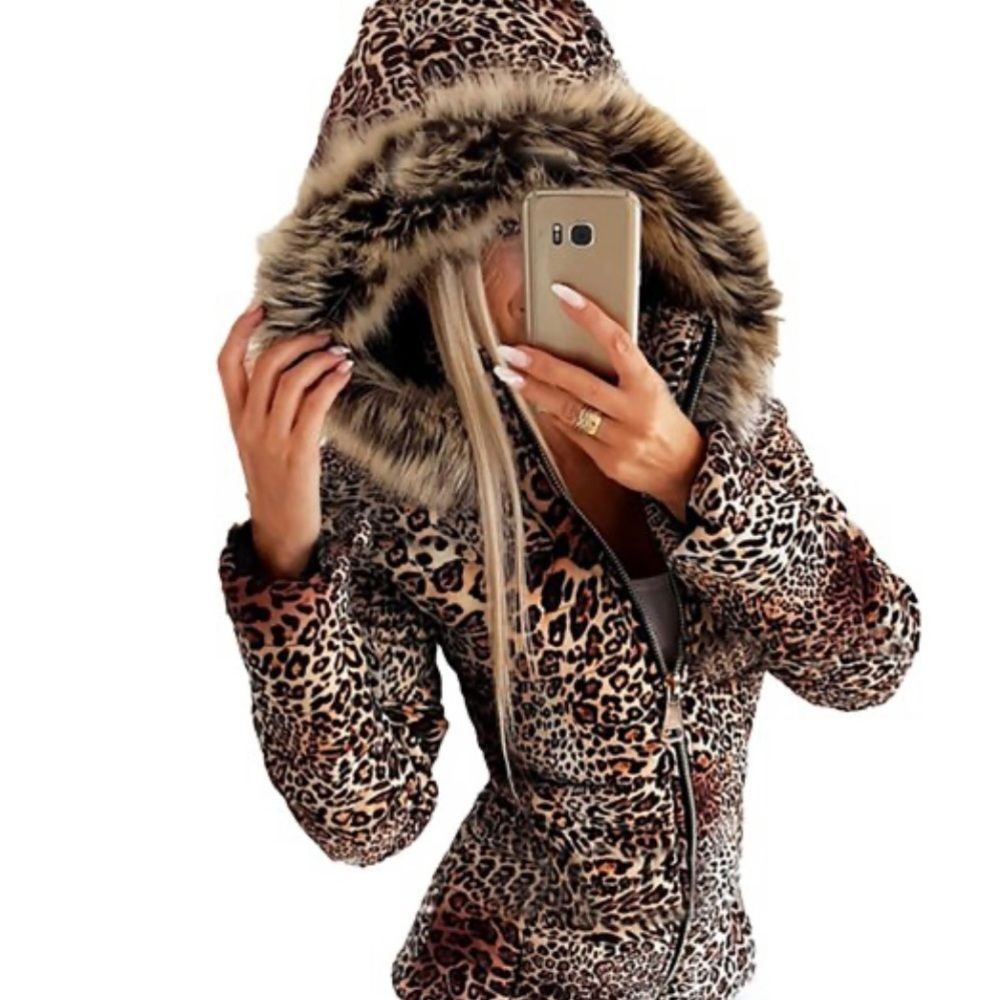 LAPA Women’s Leopard Print Zip Up Jacket Coat with Faux Fur Hood